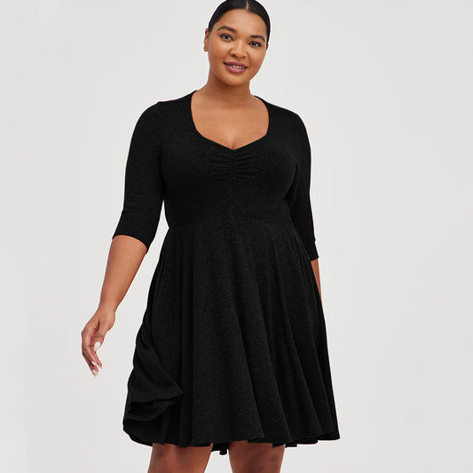 Autumn New Five-Quarter Sleeve Pleated V-Neck A-Line Skirt